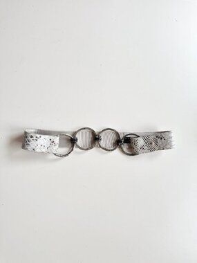 SUZI ROHER Silver Grey Snake Embossed Suede Elastic Chain Stretch Belt, Size L+